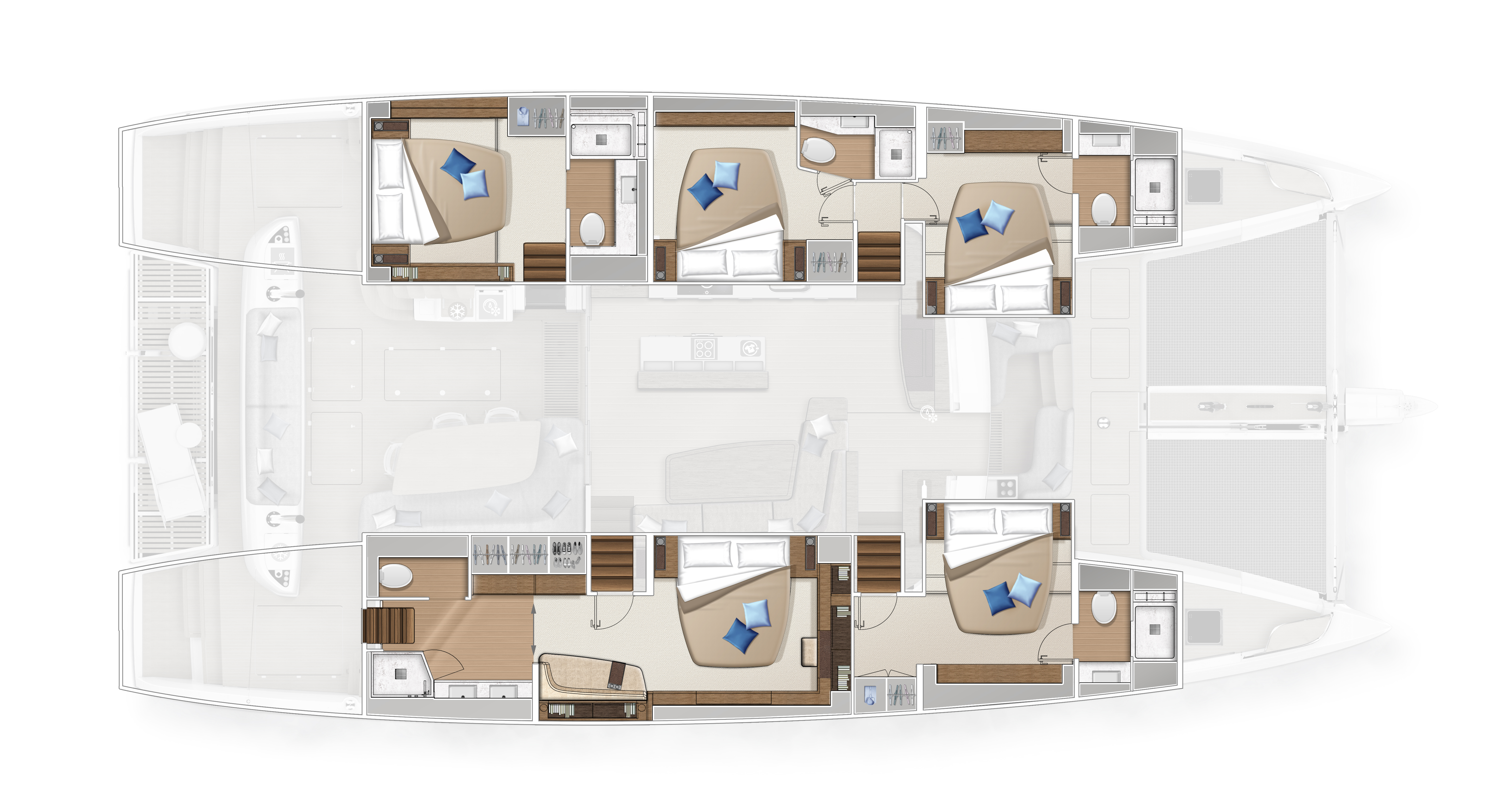 DISTRIBUCIÓN: 5 CABINAS 5 BAÑOS - COCINA CENTRAL