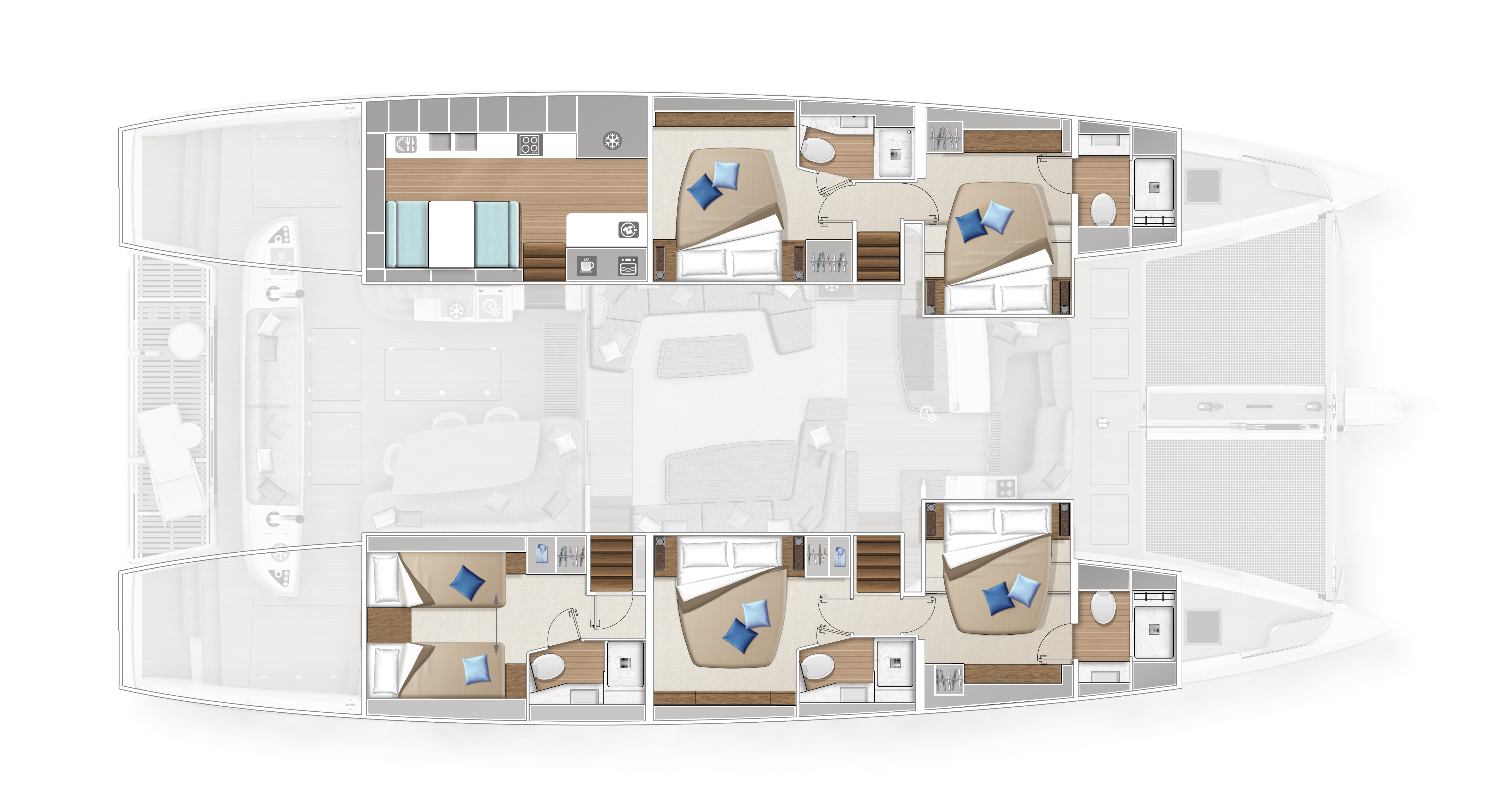 DISTRIBUCIÓN: 5 CABINAS 5 BAÑOS - COCINA LATERAL