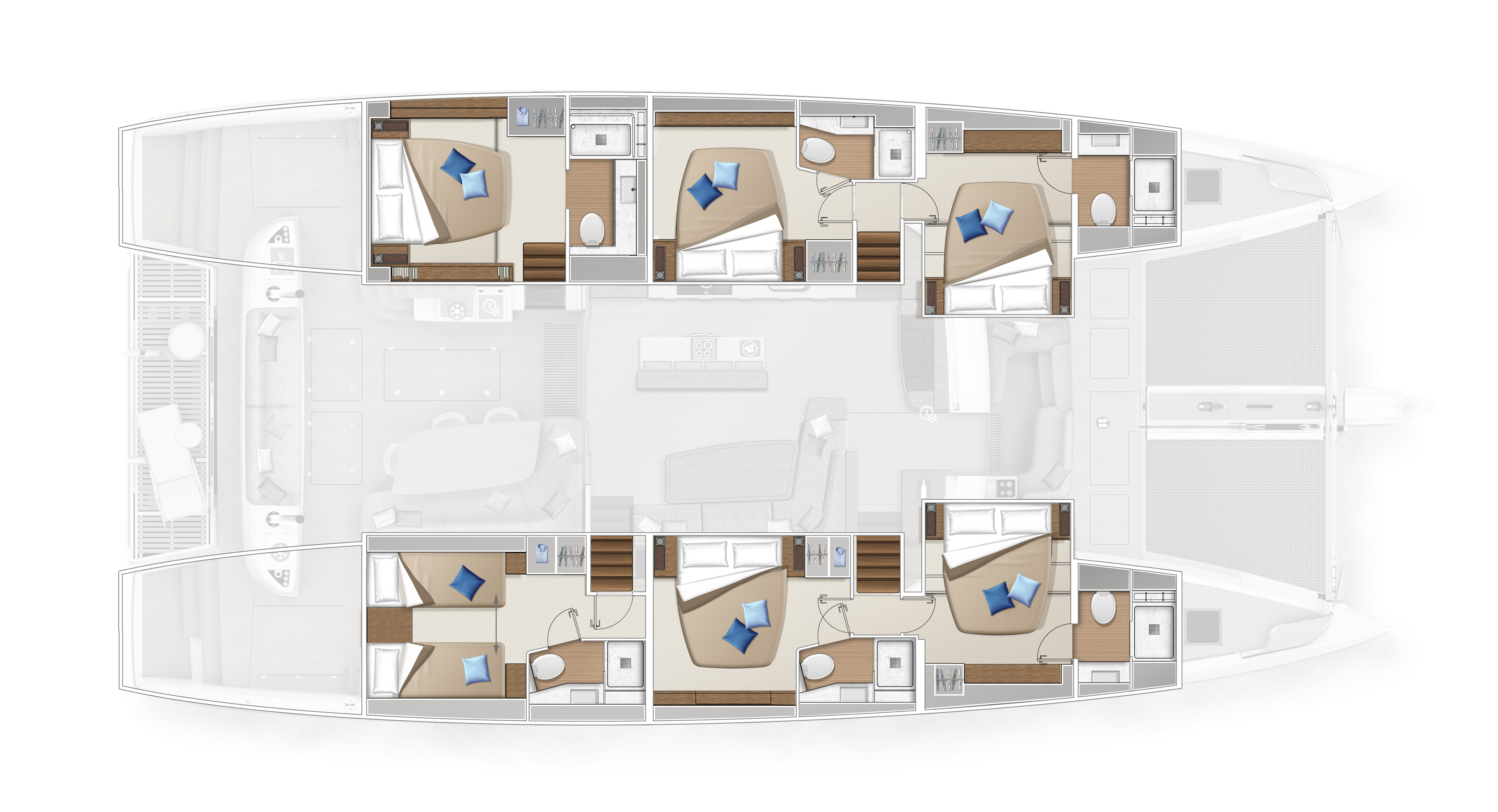DISTRIBUCIÓN: 6 CABINAS 6 BAÑOS - COCINA CENTRAL