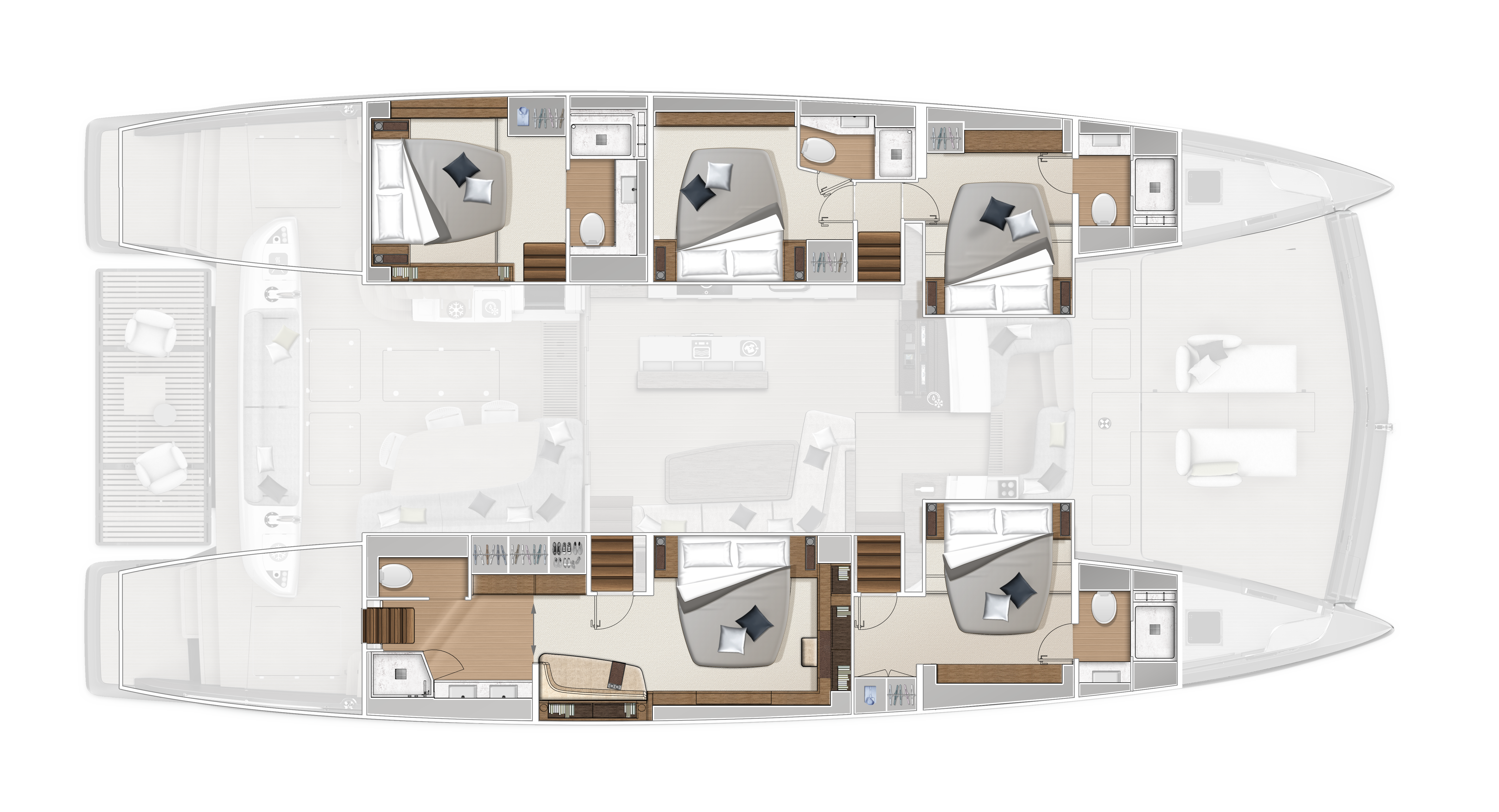 DISTRIBUCIÓN: 5 CABINAS 5 BAÑOS - COCINA CENTRAL