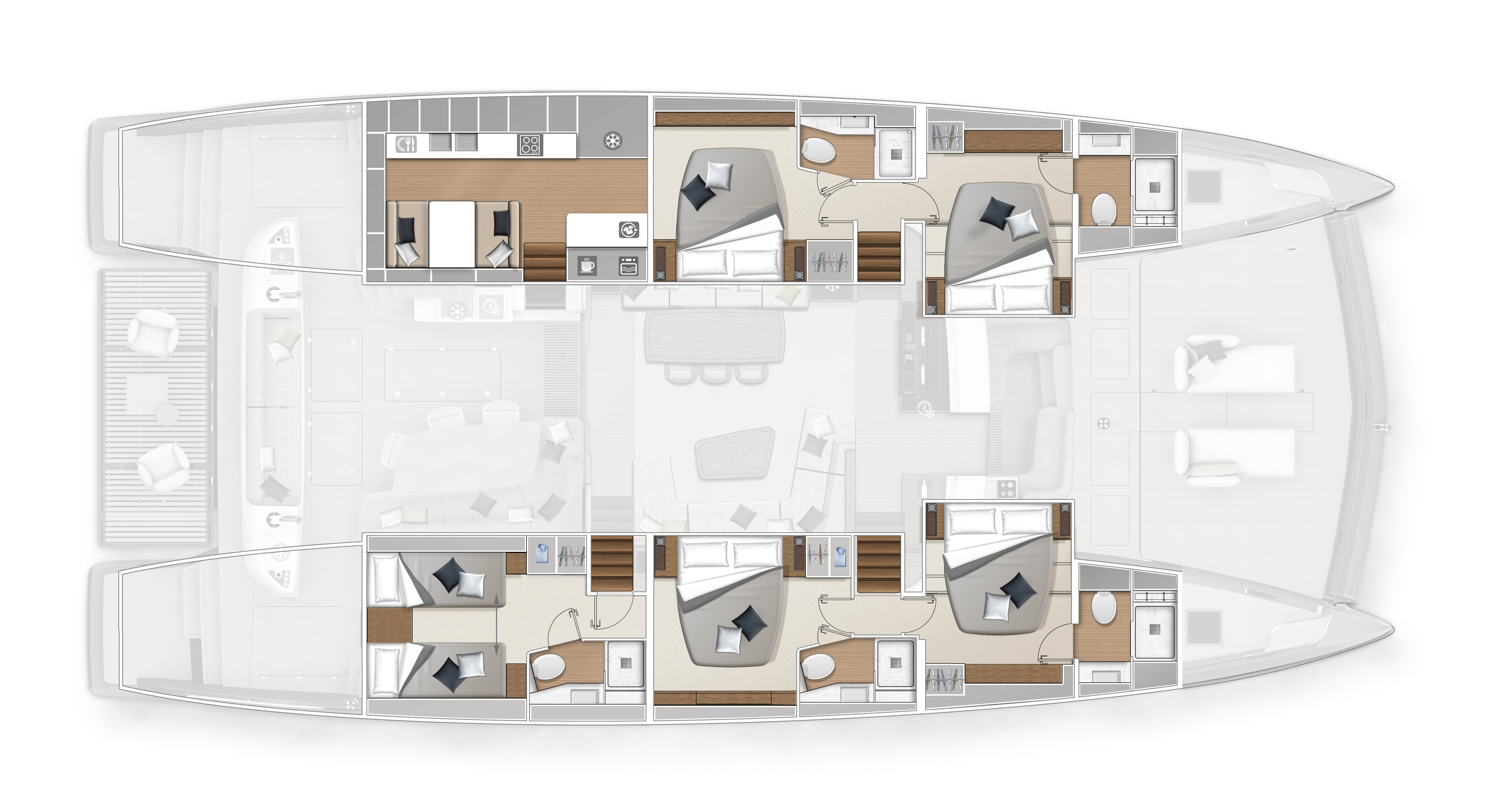 DISTRIBUCIÓN: 5 CABINAS 5 BAÑOS - COCINA LATERAL