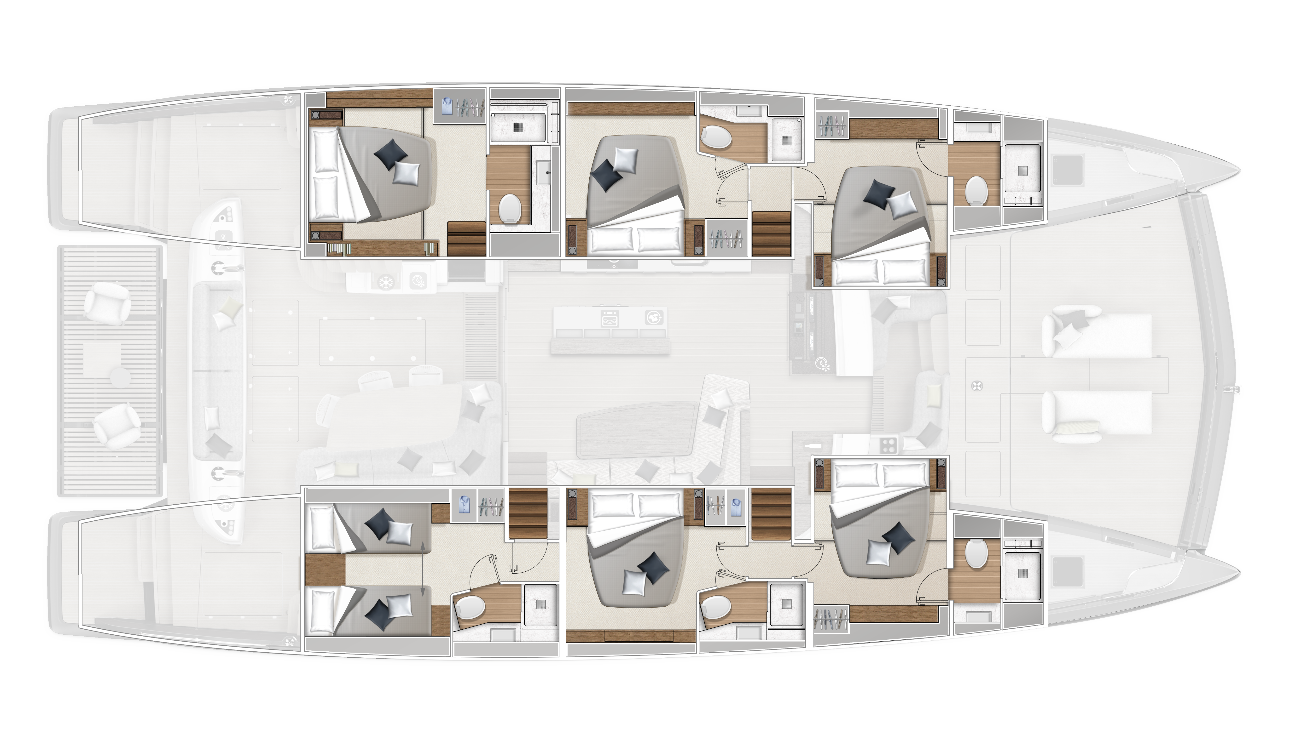 DISTRIBUCIÓN: 6 CABINAS 6 BAÑOS - COCINA CENTRAL