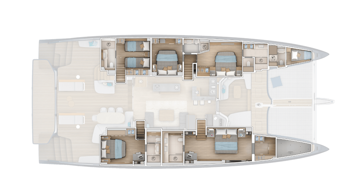 DISTRIBUCIÓN: 5 CABINAS 5 BAÑOS - COCINA CENTRAL